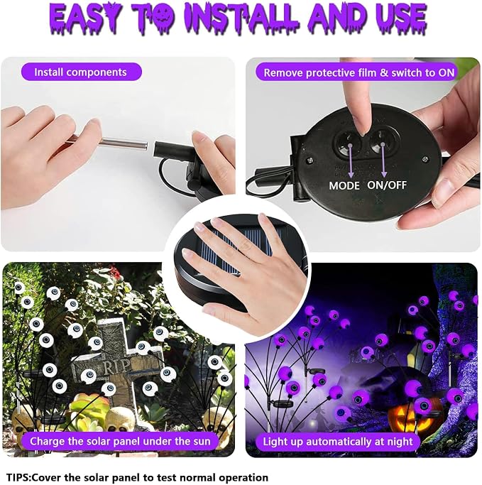 Solar Halloween Decorations Outdoor 6 Pack 36 LED Purple Eyeball Lights | Newly 3-Tier Design, 2 Lighting Modes, Auto ON/OFF, IP65 Waterproof, Creepy Lights for Walkway Yard Garden Scary Gathering