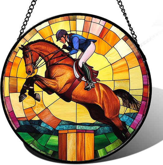 DASTOLL Stained Glass Window Hanging Equestrian Sports 9.8" - Horse Suncatcher Door Garden Sunroom Sun Catcher Home Decor Birthday Christmas for Mom Men Woman Nana