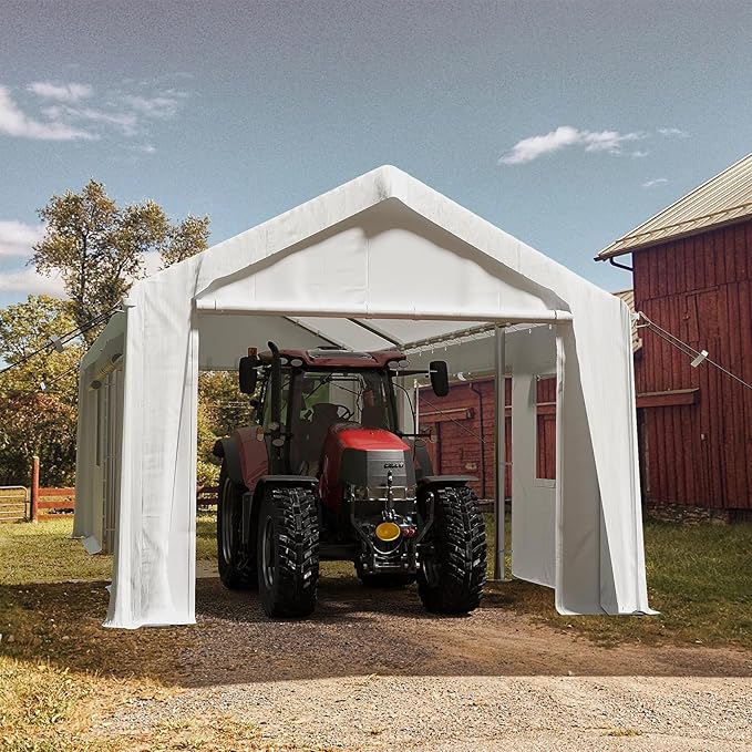 IDEALHOUSE 12x20 FT Heavy Duty Carport Canopy - Portable Garage with 6 Doors (4 Roll-Up + 2 Side), Waterproof All-Weather Shelter for Pickup Trucks & Boats (White)