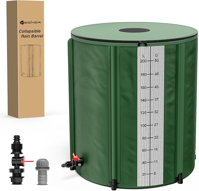 Yesker Collapsible Rain Barrel, 53 Gallon Portable Rainwater Collection System, 550D PVC Water Storage Tank, Rain Catcher with Spigots Filter Overflow Kit, Green