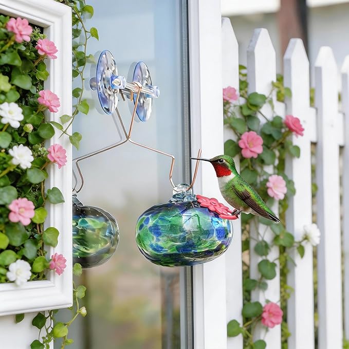 QFkris Blown Glass Hummingbird Feeder with Suction Cups for Window, Small Hummingbird Feeder with Flower Feeding Ports for Outside Garden Backyard Decor, Gifts for Women Mom(Green)