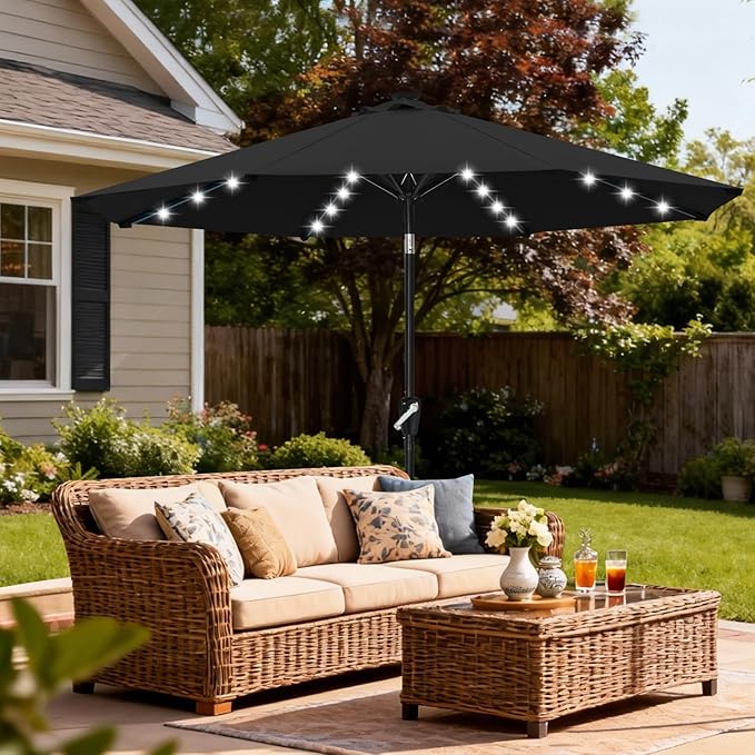 ABCCANOPY Durable Solar Led Patio Umbrellas with 32LED Lights 9FT (Black)