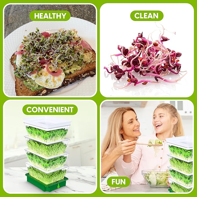ZESTIGREENS 4-Tier Sprouting Kit - Stackable Seed Sprouter Trays with Drain Spout - Grow Fresh Sprouts at Home - BPA-Free