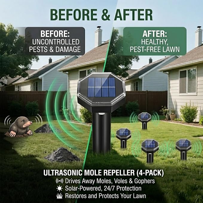 8 Pack Mole Repellent Solar Powered,Vole Repellent Outdoor for Yard,Waterproof Ultrasonic Gopher Deterrent Stakes for Mole,Vole,Chipmunk,Groundhog,Armadillo Repeller for Garden Lawns (Black)