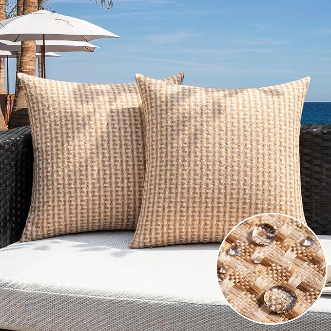 Kevin Textile Outdoor Waterproof Throw Pillow Covers Pack of 2 Boho Farmhouse Decorative Euro Sham Cushion Covers for Garden Patio Tent Balcony Bench Couch Sofa 26x26 Inch, Light Brown