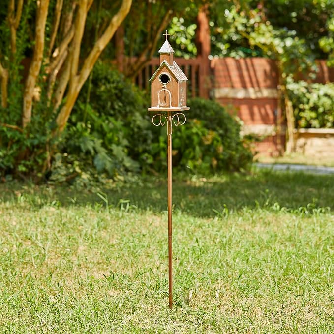 Glitzhome Bird House for Outdoors, 53.00" H Farmhouse Faux Copper Distressed Metal Bird House Church Birdhouse Decorative Garden Birdhouse with Stake