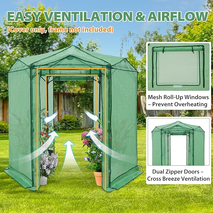 EAGLE PEAK Replacement Cover for 6.6x6.6 ft Hexagon Pop up Greenhouse, Front and Rear Roll-Up Zipper Entry Doors and 2 Roll-Up Side Windows (Frame Not Included), Green