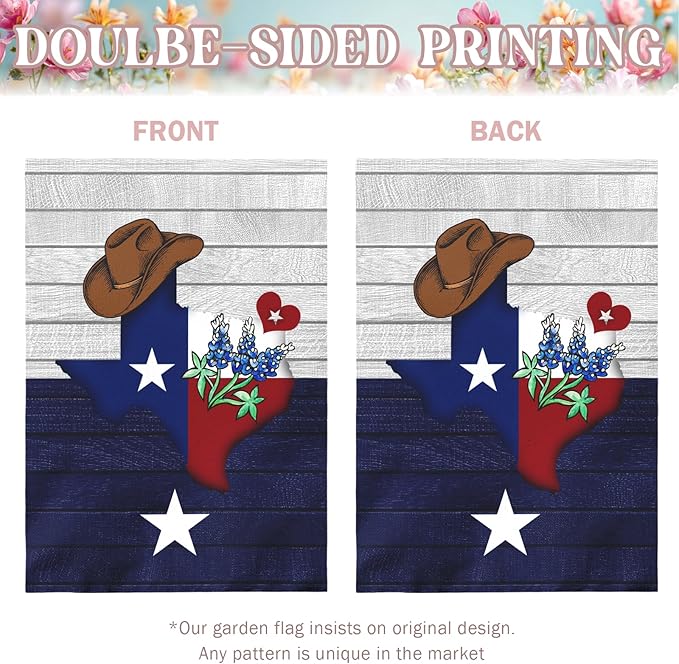Texas Bluebonnet Garden Flag Cowboy Hat Texas State Yard Flag Americana Western House Banner Polyester Double Sided for Outdoor Wall Yard Patio Window Porch Welcome Banners Gift 28 x 40 Inch