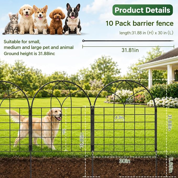 Decorative Garden Fence, Large 10 Panels 31.9 in H x 24.1 ft L, No Dig Metal Animal Barrier with Stakes for Dogs Rabbits, Flower Beds Yard Patio, Black