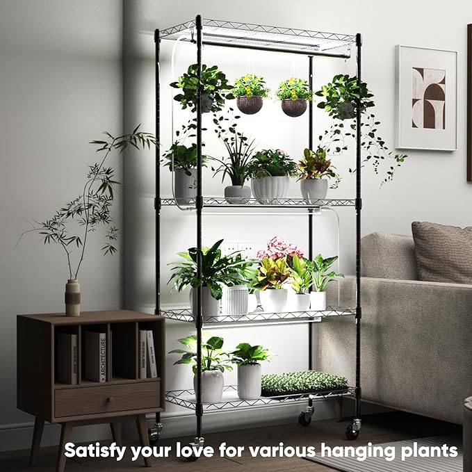 Plant Shelf with Grow Light, 4-Tier Metal Grow Light Shelf with Hanging Rod and Adjustable Rack,3-Pack 6000K T12 LED Full Spectrum Grow Lights for Seed Starting, Succulents, Built-in Timer