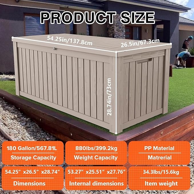 Outdoor Storage Deck Box Waterproof, 180 Gallon Large Lockable Patio Storage Bin Chest, Resin Outside Container Seat Bench for Furniture Cushions, Pool Accessories, Garden Tools & Delivery, Grey
