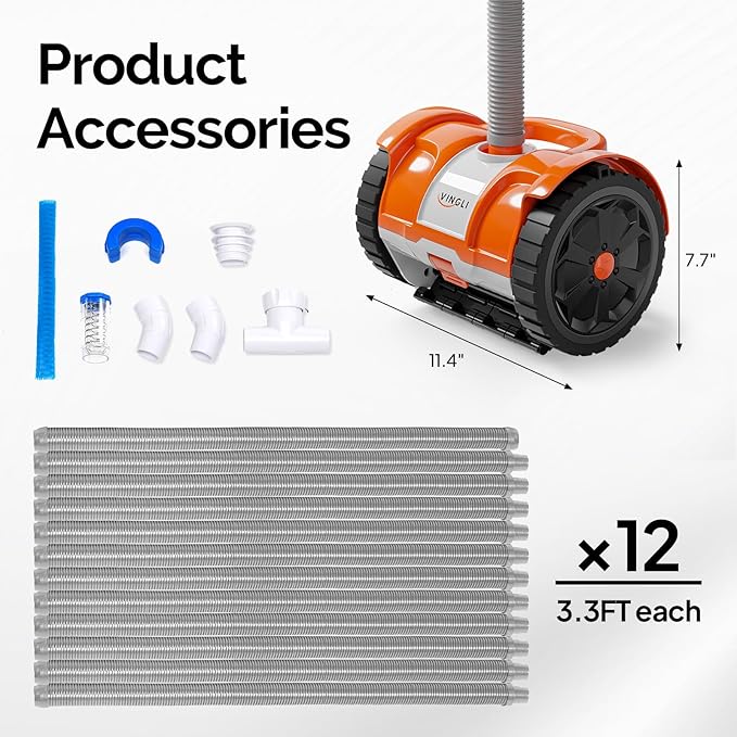 (2025 Upgrade) VINGLI Automatic Suction-Side Pool Vacuum Cleaner, Powerful Wall-Climbing Sweeper for Inground Pools, Includes 39.6ft Tangle-Free Hose (Orange&Gray)