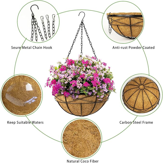2 Pack 16 Inch Hanging Planters for Outdoor Plants Metal Wire Flower Baskets with Coco Liner & Plastic Saucer Large Deep Hanging Plant Pots for Porch Balcony Garden Décor
