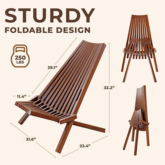 Melino Wooden Folding Tamarack Chairs, FSC Certified Acacia Low Profile Adirondack Chairs, Wood Folding Chair for Outdoor, Patio, Porch, Pool, Backyard, Garden, Balcony and Deck - Chestnut - Single