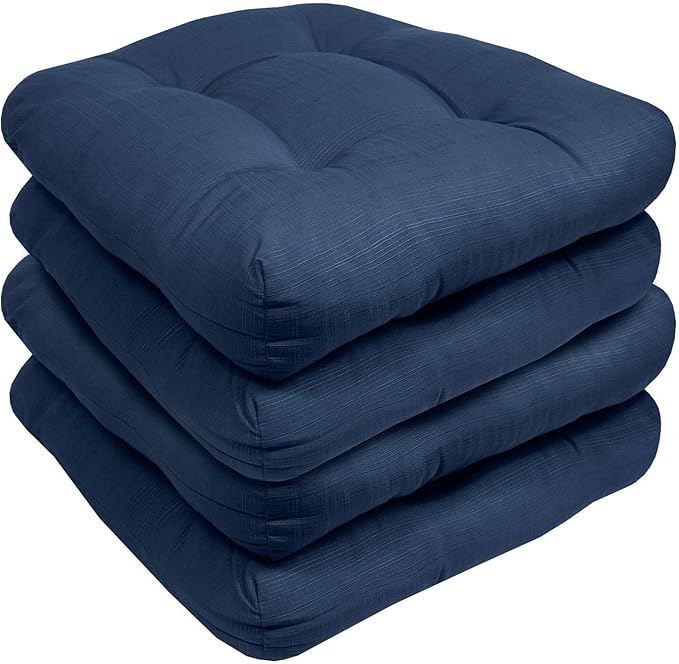 Sweet Home Collection Patio Cushions Outdoor Chair Pads Premium Comfortable Thick Fiber Fill Tufted 19" x 19" Seat Cover, 19x19 inches, Navy Blue 4 Count