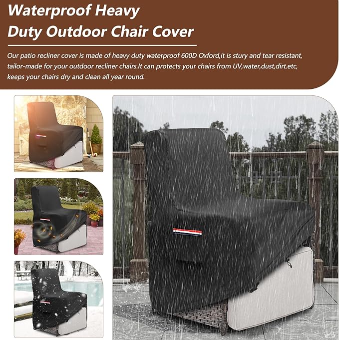 Outdoor Recliner Cover Waterproof,600D Heavy Duty Waterproof Patio Chair Covers,Outdoor Furniture Covers for Lawn/Garden Patio Recliner,Black
