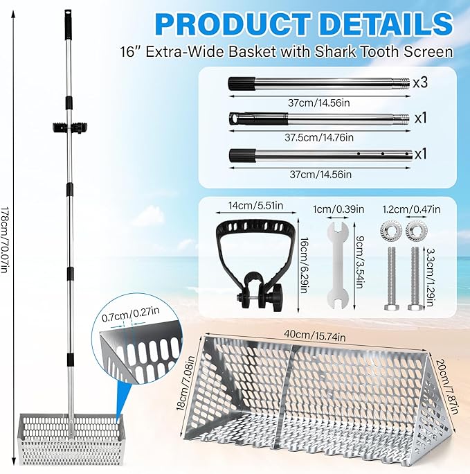 Sand Flea Rake, Sand Flea Rake Stainless Steel – 16" Wide Stainless Steel Sand Sifter for Shark Teeth, Shells & Sand Crabs, Collapsible Design with Drain Screen