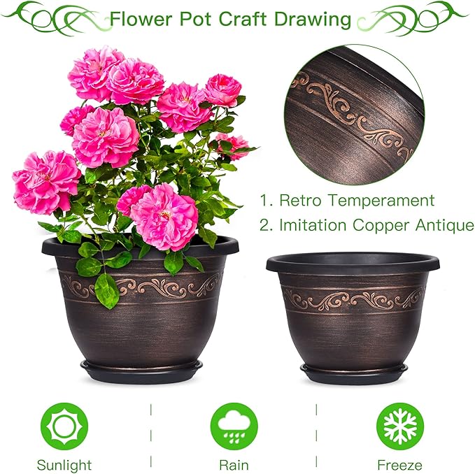 Plastic-Plant-Flower-Planters-14 Inch With Drainage Hole & Saucer, 3 Packs Lightweight Large Resin Flower Pot Indoor Outdoor, Retro Antique Imitation Decorative Garden Containers Sets For Houseplants