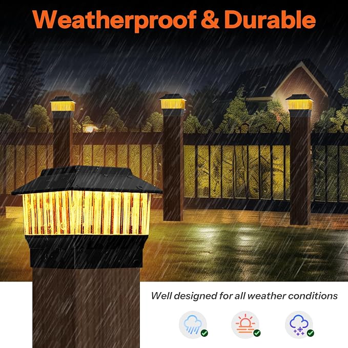 6 Pack Solar Post Cap Lights - Modern #2: Fits True 4x4 Vinyl & 5x5 Wood Posts, Bulk Savings, 3 Color Temp, 50 Lumen Waterproof Outdoor Lights for Deck Fence, Matte Black