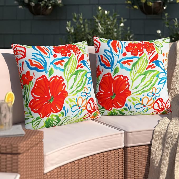 Merrycolor Outdoor Pillow Covers 20x20 Waterproof Throw Pillow Cover Flower Garden Farmhouse Outdoor Pillows for Patio Furniture Set of 2