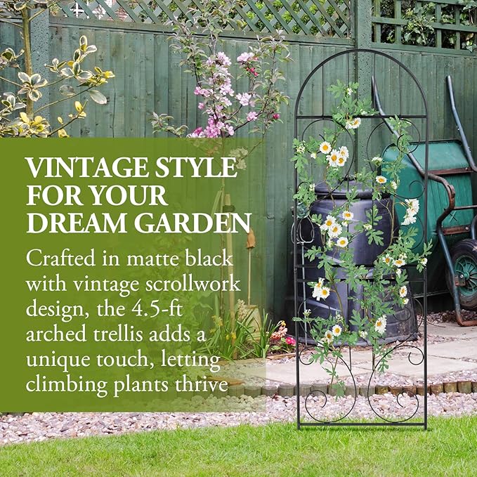 MyGift Decorative Garden Trellis, Separable and Assembled Deluxe Garden Fence, Vintage Pattern Design Matte Black Metal Wire Outdoor Climbing Plant Trellis for Ivy, Roses, and Vines