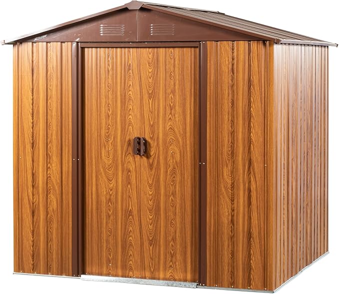 Outdoor Metal Storage Shed 6FT x 6FT, Galvanized Steel Frame Garden Shed, Sliding Lockable Doors, 4 Vent System, Weather-Resistant Metal Storage House with Foundation Kit,Shelf & Hooks, Yellow Brown