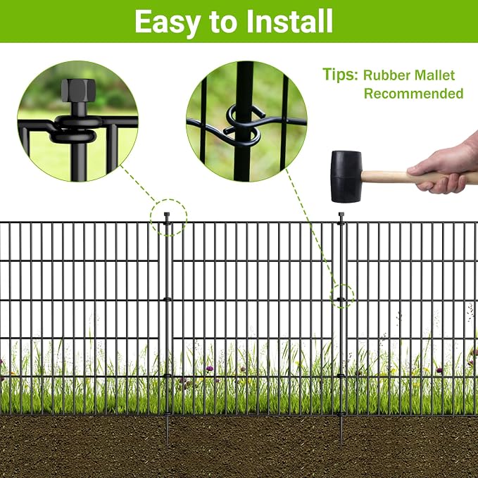 5 Panels No Dig Decorative Outdoor Garden Fence for Yard, 24 in(H) X 10 ft(L) Animal Barrier Fencing Rustproof Metal Wire Panel Border for Dog, Rabbits, and Patio Temporary Ground Stakes