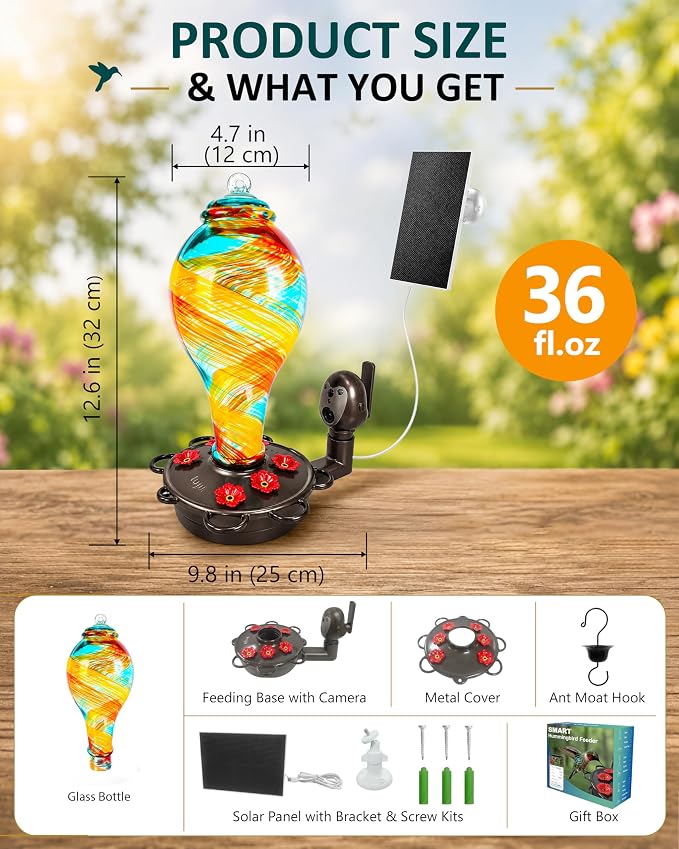 LUJII Smart Hummingbird Feeder with Camera for Outdoor Hanging, Hand Blown Glass, Solar WiFi Feeder with Live View App, 6 Feeding Ports, Leak-Resistant Design, Ant Moat & Gift Box, 36 fl oz, Ribbon