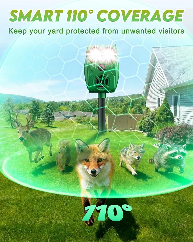 Solar Animal Repellent Ultrasonic Deer Deterrent, Waterproof Adjustable Large Solar Panel with Power Indicator, Motion Sensor & Outdoor Animal Repeller to Deter Cat, Coyote (2, Green and Black)