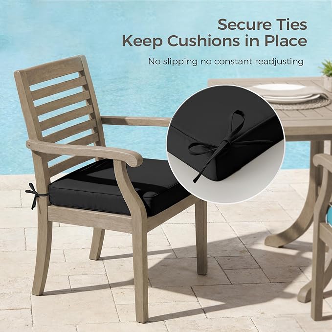 UNIKOME Outdoor Chair Cushions Set of 4, Water Resistant Patio Seat Cushions with Ties for Outdoor Furniture, High-Density Foam, UV & Fade Resistant, Piped Edge – 24" x 24" x 4", Black