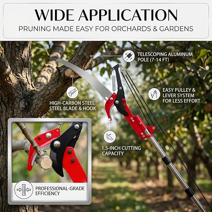 Manual Pole Saw for Tree Trimming, 13.7 Ft Extendable 2-in-1 Tree Pruner with Scissor and Steel Blade, Adjustable Long Handle Branch Cutter Pole Pruner and Pruning Saw for Yard Garden Patio