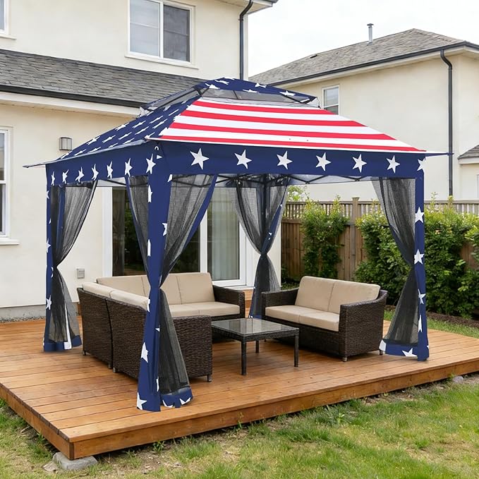 COOS BAY Pop up Gazebo 11x11, Instant Canopy Tent with Mesh Netting, Patio Gazebo with 121 Square Feet of Shade, 4 Weight Bags Included, American Flag