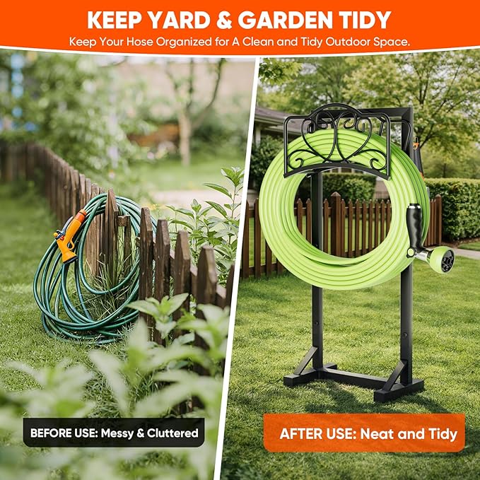 Garden Hose Holder with Tool Hooks and Stable Base, Heavy-Duty Garden Hose Storage Metal Hose Hanger Holds 160Ft, Rustproof Freestanding Water Hose Holder for Outside, Yard, Lawn, Farm, Black