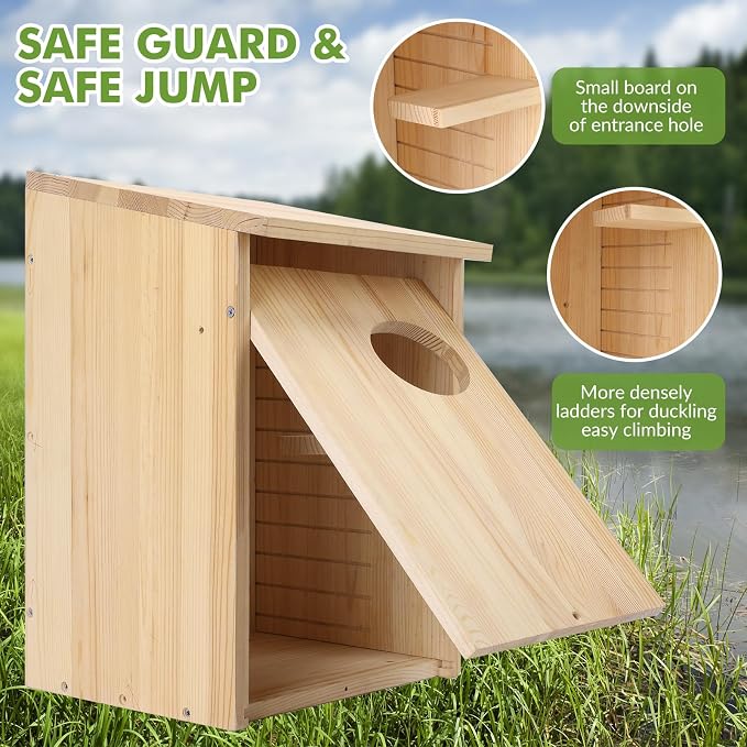 Pine Wood Duck House for Ducks and Hooded Mergansers Breeding Nesting Wooden Box Resident Habitant Shelter