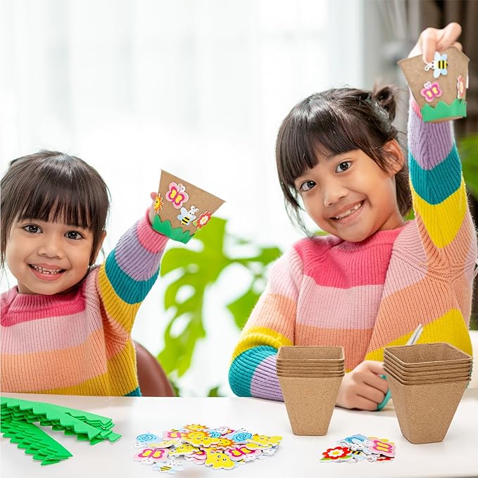Ayfjovs Garden Paper Pot Craft Kit,15 Pack Square Paper Peat Pots with 105 PCS Adhesive Foam Stickers for Kids Science, Pre-School Craft, DIY Garden Kit, Classroom Decoration, Mother's Day