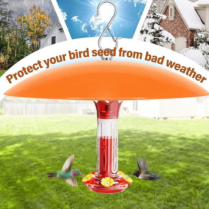 13" Bird Feeder Rain Guard, Hummingbird Feeder Shade Dome Cover, Hanging Baffle for Bird Feeder Pole,Smart Birds Feeder's Umbrella(Translucent Orange), 1 Pack