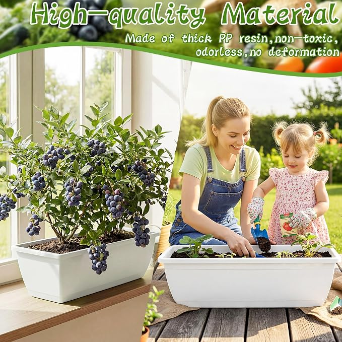 8 Pcs 24 Inch Plastic Flower Window Box Planter with Water Absorbing Net Drainage Holes & Visible Water Level Window, Rectangular Vegetable Flower Pots for Indoor Outdoor (White)