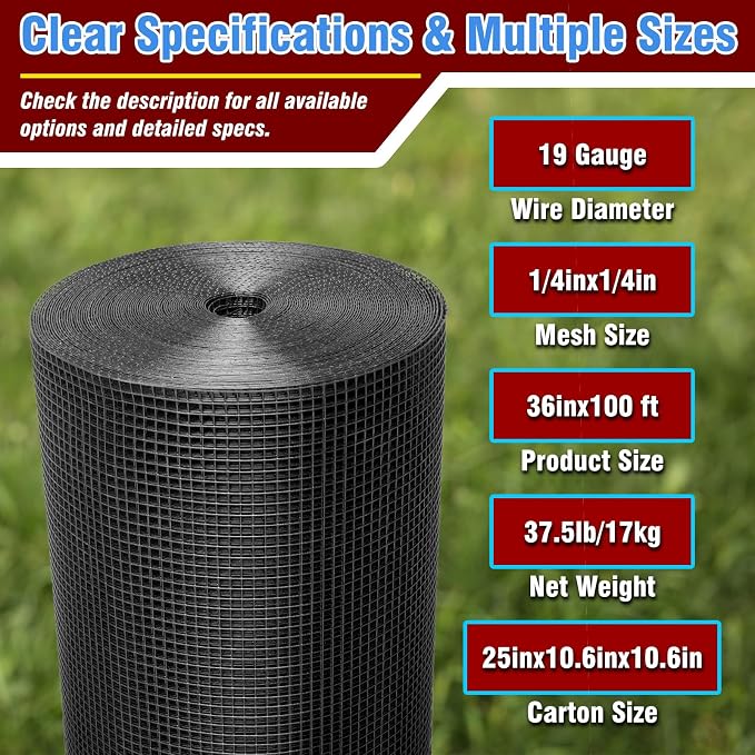 Black Hardware Cloth 1/4inx36inx100ft, 22GA, Chicken Wire Fencing Roll, Black Chicken Wire Mesh, Vinyl PVC Coated Welded Wire Mesh for Chicken Coop Barrier, Rabbit Snake Poultry Fences