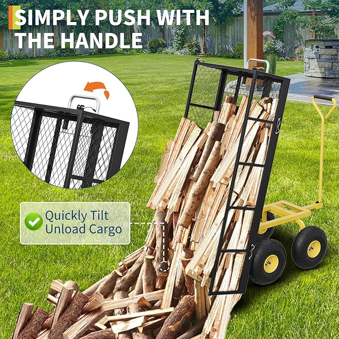 Garvee 900 lbs Steel Garden Dump Cart with Removable Sides, Convert to Flatbed, Heavy Duty Yard Cart with 180°Rotating Handle & 10" All Terrain Wheels, Utility Dump Wagon for Lawn Farm Backyard