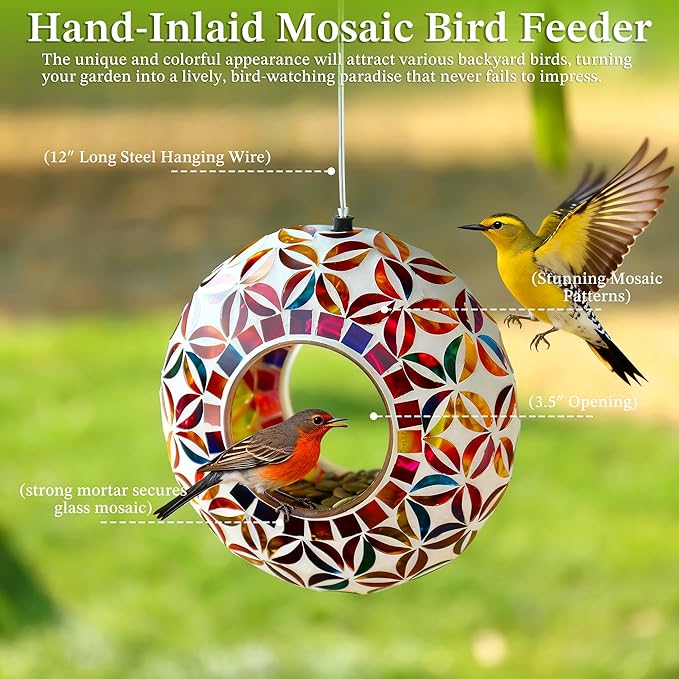 SAVENNA Mosaic Glass Hanging Bird Feeder, 6.3 Inch Handcrafted Outdoor Feeder with Steel Wire Rope, Decorative Garden & Patio Feeder for Wild Birds, Colorful Floral Mosaic Design