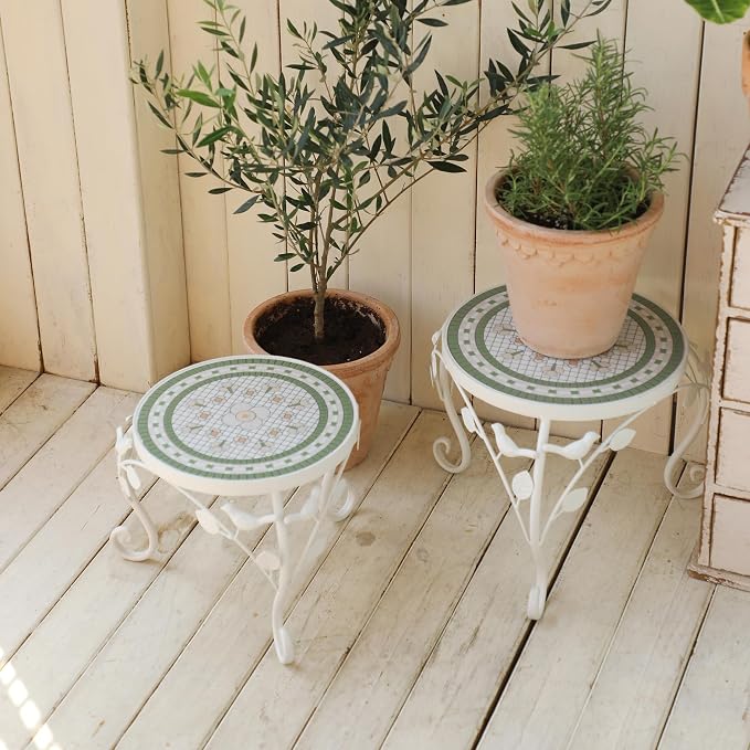 Set of 2 Plant Stand for Indoor Outdoor, Heavy Duty Cast Iron with 10" Ceramic Tile Top Plant Table, Tall Vintage Decorative Plant Rack, Mosaic Flower Pot Holder for Home Garden Porch Yard Patio