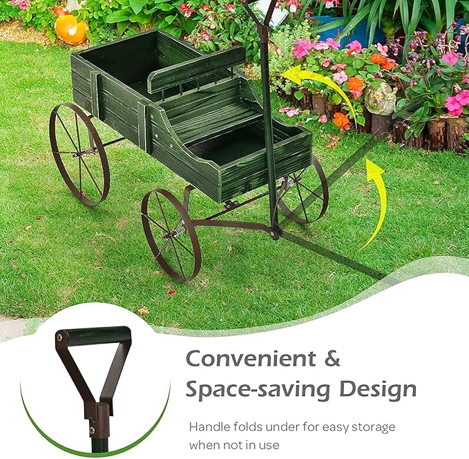 DORTALA Wood Wagon Planter, Outdoor Garden Flower Planter Cart with Wheels, Small Decorative Wood Raised Bed Plant Pot Box Stand for Backyard, Patio, Balcony, Green