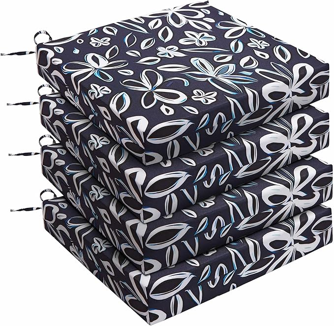 UNIKOME Outdoor Chair Cushions Pack of 4, Water Resistant Patio Cushions with Ties, High Density Sponge Filling Square Corner Seat Cushions for Outdoor Furniture, 19"*19"*3", Navy/White