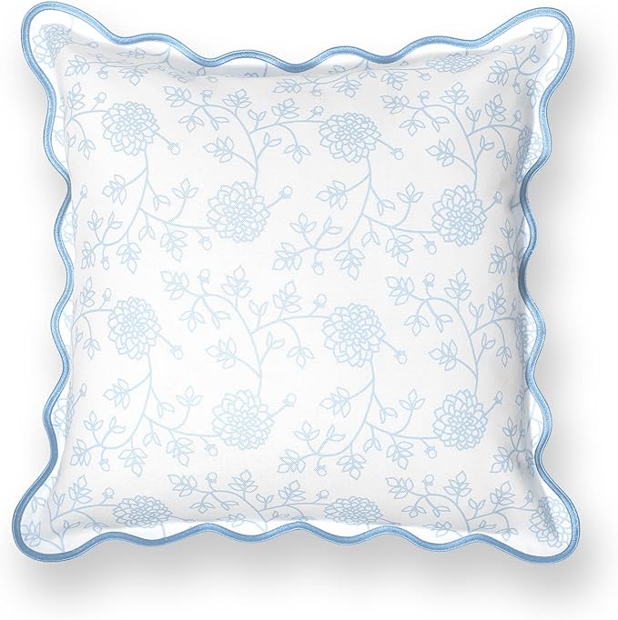 Hofdeco Premium Coastal Patio Indoor Outdoor Scalloped Throw Pillow Cover Only, 20"x20" Water Repellent for Backyard, Couch, Baby Blue Print Dahlia Floral (Pack of 2)