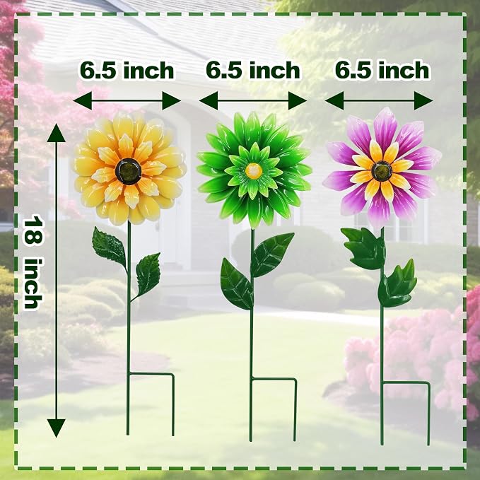 3 Pack Metal Flower Wind Spinner for Yard, 18in Outdoor Garden Stake with Retro Floral Design, Kinetic Patio Lawn Art, Weather Resistant Spring Decor