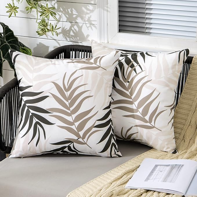 MIULEE Pack of 2 Decorative Outdoor Waterproof Throw Pillow Covers Patio Pillow Cases Natural Leaves Pattern Spring Square Cushion Shams Shell for Garden Balcony Couch 20x20 Inch, Coffee Brown