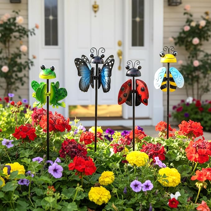 4 Pack Metal Wind Spinners for Yard, 360° Rotating Garden Stake with Butterfly Frog Bee Ladybug, Kinetic Outdoor Art Decor, All-Weather Lawn Ornament Gift