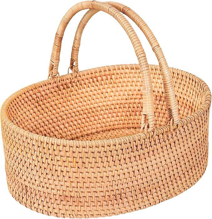 Handwoven Rattan Storage Basket with Handles, Natural Wicker Decorative Basket for Kitchen Counter, Pantry Organization, Floral Arrangement, Gift Packaging & Home Decor