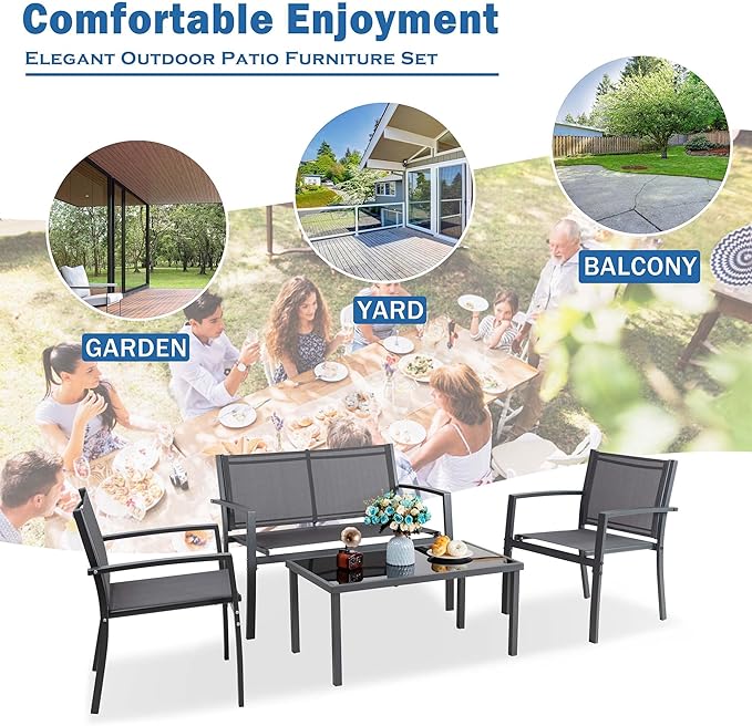Vongrasig 4 Pieces Patio Furniture Set, Outdoor Patio Conversation Sets, Small Porch Balcony Furniture on Clearance, 4 Piece Patio Set for Deck, Garden, Backyard (Grey)