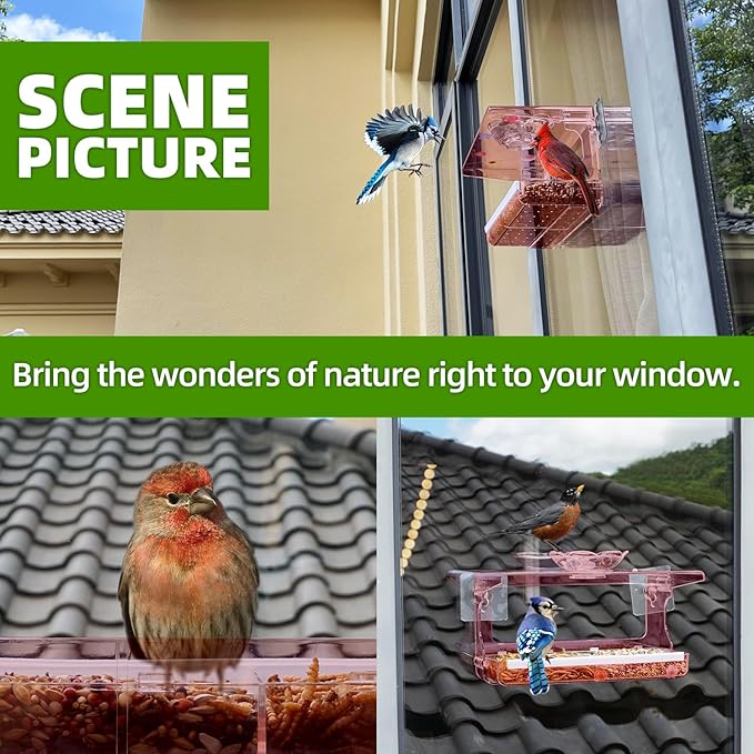 WENMIXER Window Bird Feeder with Non-Marking Self-Adhesive Hooks, Clear and Transparent, Outdoor Wild Bird Watching Gift, Garden Decor (Red)
